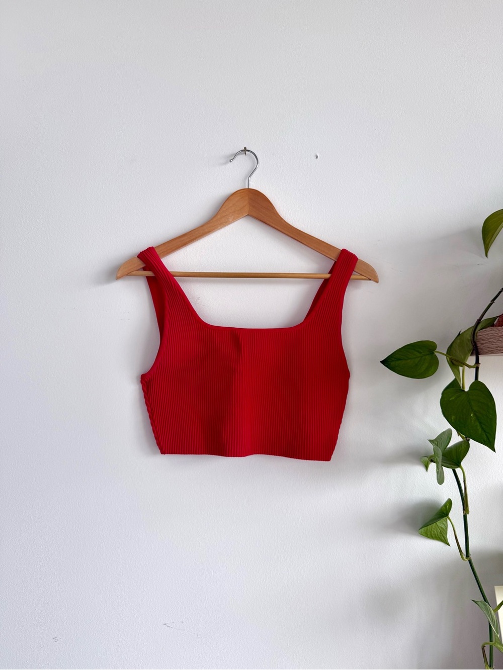 Babaton Red Ribbed Square-Neck Crop Top